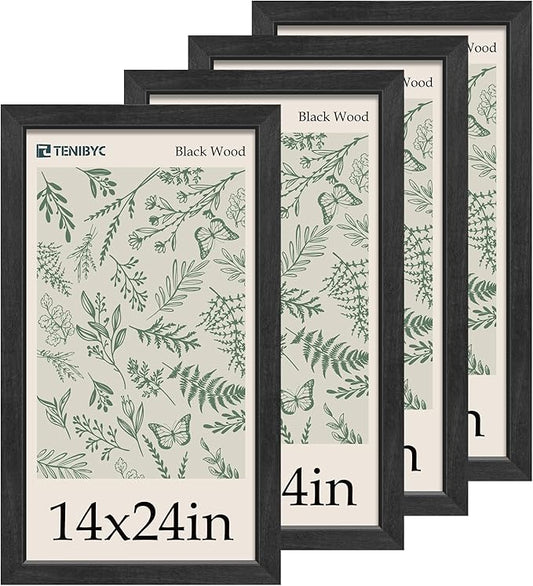 14x24 Picture Frame 4 Pack - Black Solid Wood Poster Photo Frame - Woodgrain Series - Room, Office, Gallery, Studio Display - Wall Hanging