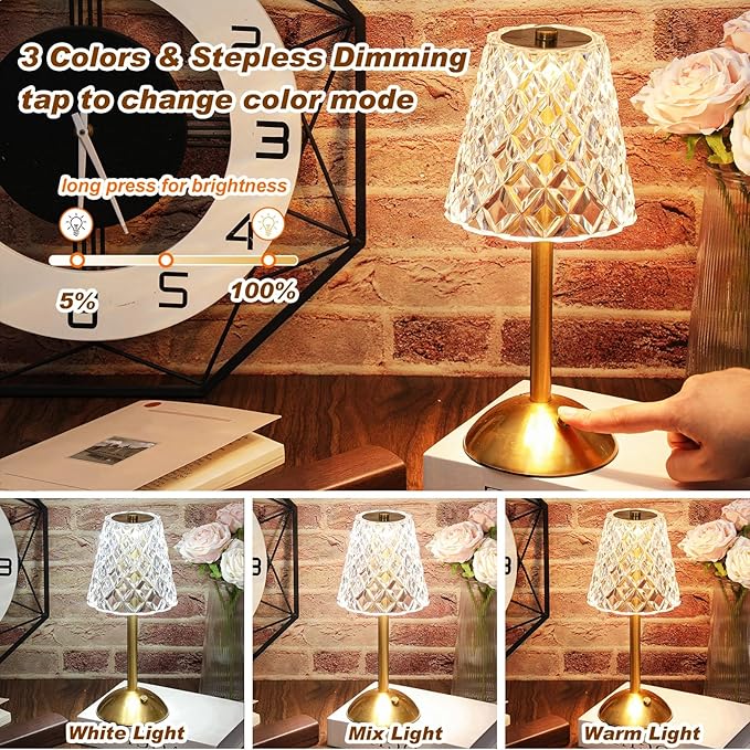 Liliful 1 Pcs LED Portable Cordless Table Lamp Touch Battery Operated Rechargeable Gold Desk Lamp 3 Color Dimmable for Bedroom Living Room Dining (Gold,Diamond Style)