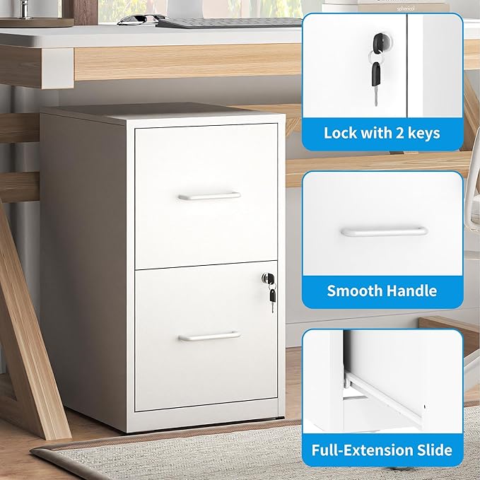 2 Drawer File Cabinet with Lock, Vertical Metal Filing Cabinet Under Desk Storage, Small Locking File Cabinets for Home Office, Legal Letter Folders Storage, Easy Assemble(White)