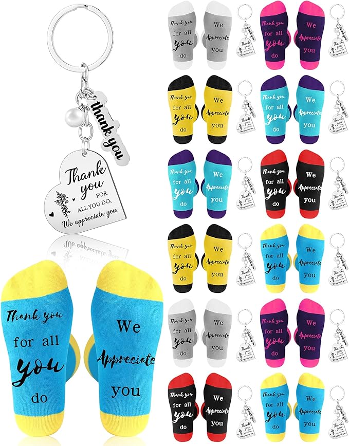 24 Pcs Employee Appreciation Gifts Thank You for All You Do Socks Stainless Steel Keychains for Staff Coworker Team