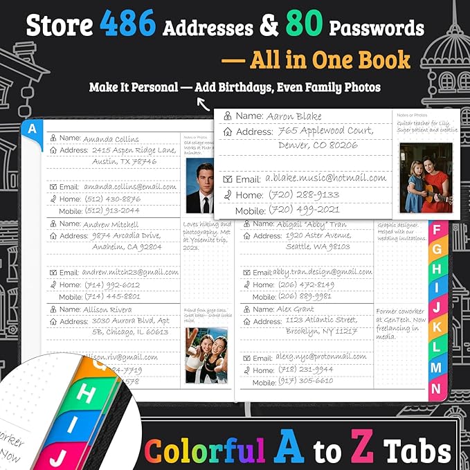 Address Book with Colorful Alphabetical Tabs (4.7" X 6.2") – Telephone Address Contact Book for Seniors, Address Book with Space for Website Address and Internet Passwords (Black)