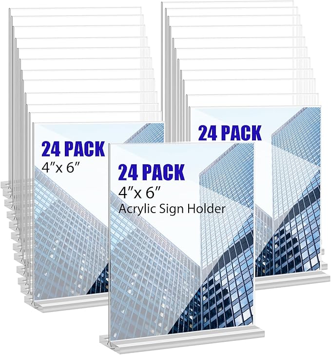 Acrylic Sign Holder 4x6 Inches 24 Pack T Shape Desktop Display Stand Vertical Double Sided Clear Table Menu Flyer Holder for Restaurants, Office, Shop, Wedding