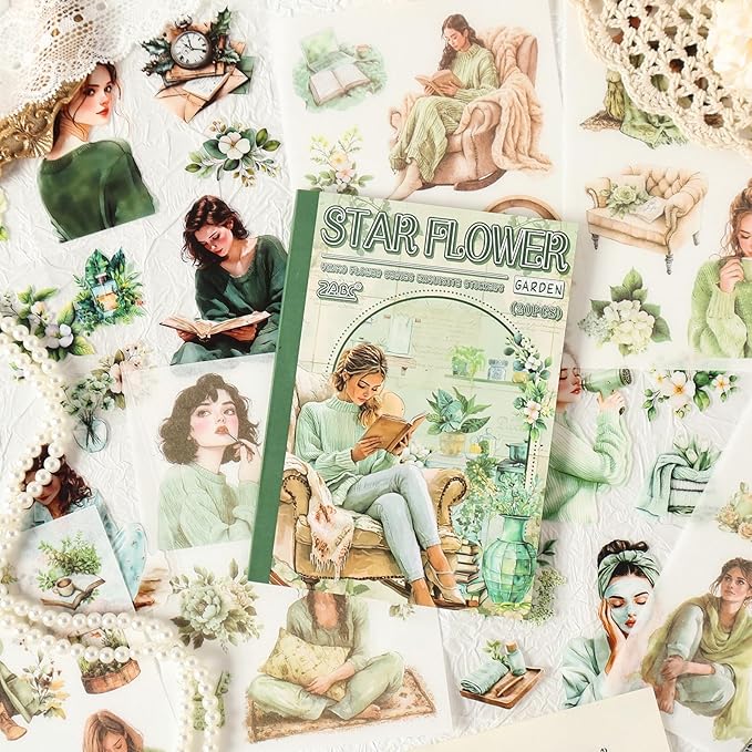 TIAMECH Star Hibiscus Garden Sticker Book - Green Girl Series, 20 Sheets PET & Washi Stickers for Scrapbooking, Ephemera, Waterproof Junk Journaling Supplies & DIY Crafts