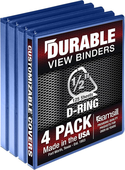 Samsill Durable 0.5 Inch Binder, Made in USA, D Ring Binder, FSC 100% Recycled Chipboard, Blue, 4 Pack