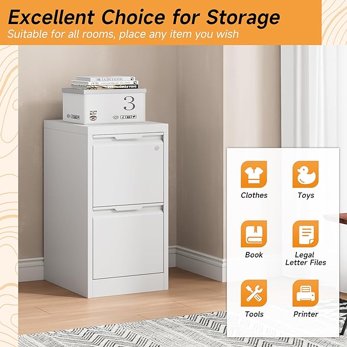 Bestoo 2 Drawer File Cabinet, 17.8" Deep Filing Cabinet for Home Office, Metal Vertical File Cabinet with Lock for Letter/Legal/A4/F4 Size, Easy Assemble (White)