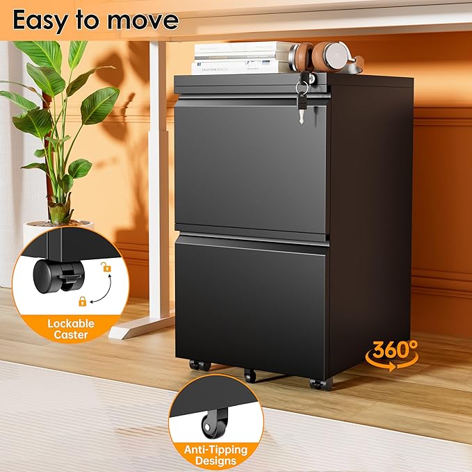 INTERGREAT 2 Drawer File Cabinet, Metal Filling Cabinet with Lock, Locking Office Mobile Cabinets with Wheels for Legal/Letter Size, Under Desk, Black