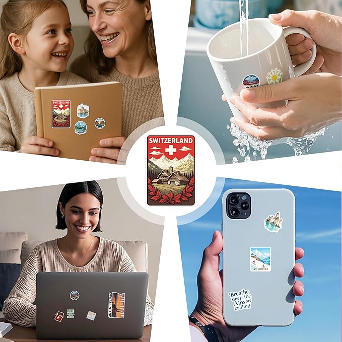 100 PCS Switzerland Stickers Pack, Vinyl Waterproof Decals of Zurich Alps Matterhorn Swiss Flag Cheese Chocolate Travel Souvenirs, Gift for Kids Teens Adults Scrapbook Laptop Water Bottle Car