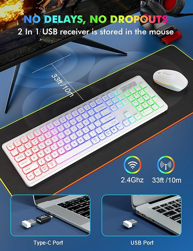 Wireless Keyboard and Mouse - RGB Backlit, Rechargeable & Light Up Letters, Full-Size, Ergonomic Tilt Angle, Sleep Mode, 2.4GHz Quiet Keyboard Mouse for Mac, Windows, Laptop, PC, Trueque(White)