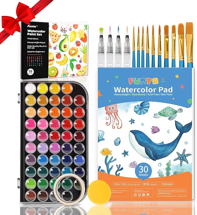 Funto Watercolor Set, 48 Color Paint Set, 10 Brushes, 30 Page Pad(9"x12"), 4 Refillable Pens & More, Painting Kit for Kids, Adults, Beginners