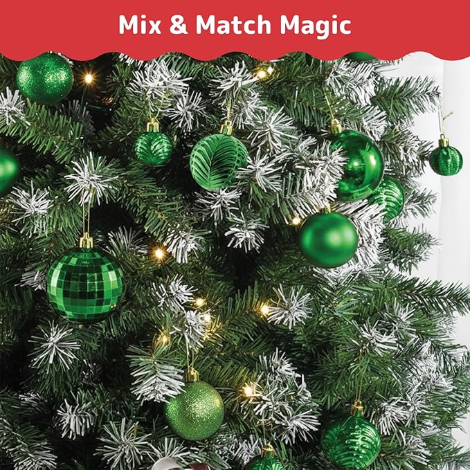 Prextex 36-Pieces Green Christmas Ornaments Set - Shatterproof, Festive Christmas Tree Balls Decorations in 3 Sizes and 6 Styles with Hanging Loops for Tree, Wreath, and Dazzling Holiday Party Decor