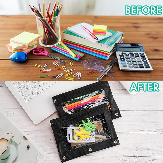 Marspark 30 Packs Pencil Pouch 3 Ring Binder Pen Pouch Cloth Pencil Pouches Zipper Pen Case Bag with Clear Window for School Office Writing Supplies Gifts(Black)