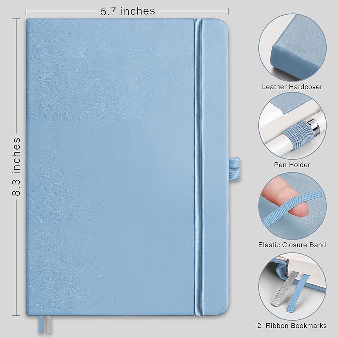 RETTACY Bullet Dotted Journal Notebook, 192 Pages, A5 Medium Size (5.7'' x 8.3''), Leather Hardcover, 100 GSM Thick Paper, for Bullet Journaling, Planning, Tracking (Light Blue)