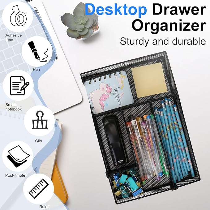 Desk Drawer Organizer Tray, with 2 Adjustable Compartments, Metal Mesh Drawer Organizer, Multifunctional Desktop Drawer Organizer Organizer Set for Office, Home and School Supplies 12.6x8.26x1.57 in