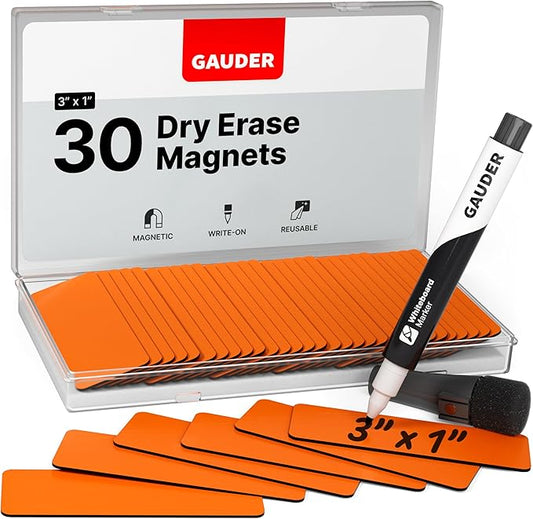 GAUDER Magnetic Dry Erase Labels | 30x Magnetic Labels (3 Inches x 1 Inch) | Dry Erase Magnets for Classroom, Whiteboard and Blackboard