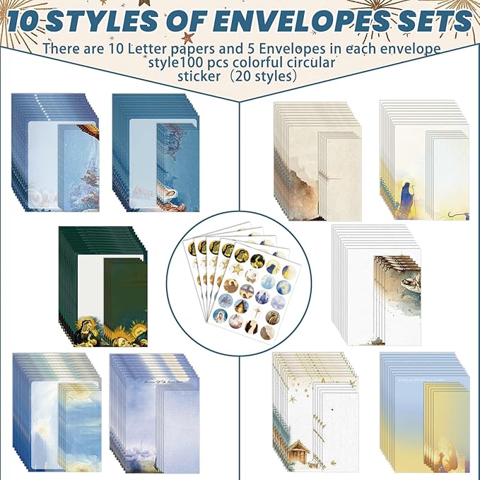 250Pcs Christmas Stationery Paper and Envelope Set with 100 Letterhead Papers and 50 Envelopes, 10 Design for Letter Writing Invitations Computer Holidays Party Notes, 8.5x11 Inch-Nativity