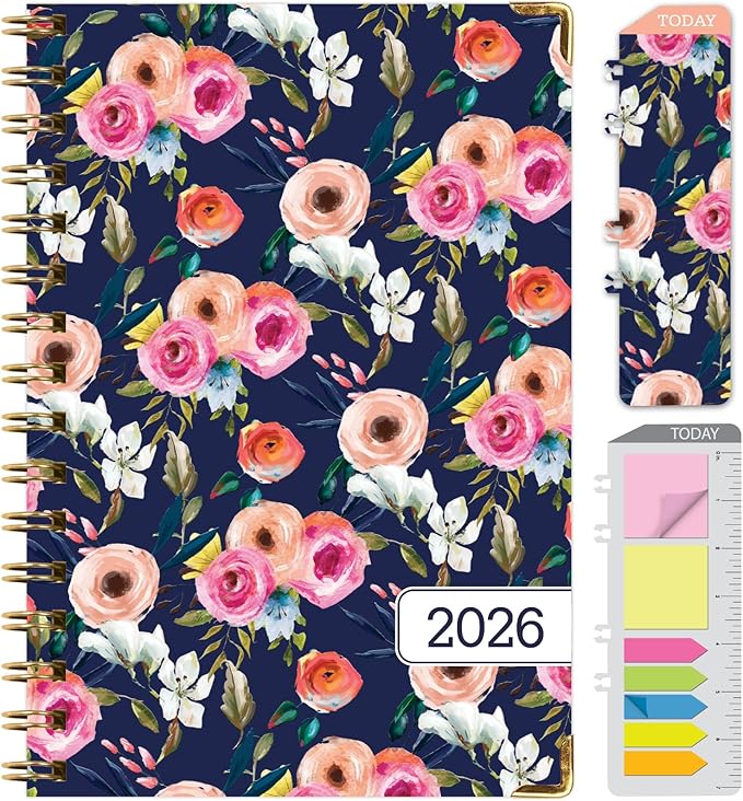 HARDCOVER 2026 Planner, 5.5"x8": 14 Months (November 2025 - December 2026), Daily Weekly Monthly Planner, Yearly Agenda, Bookmark, Pocket Folder and Sticky Note Set (Small Navy Floral)