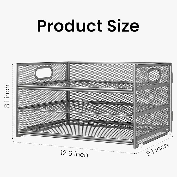 Subekyu 2-Pack 3-Tier Gray Metal Mesh Desk Paper Letter Tray & File Sorter Organizer with Handle + 1 Sliding Tray for Desk, Home, Office, School Supplies, A4 Paper and Accessories Storage