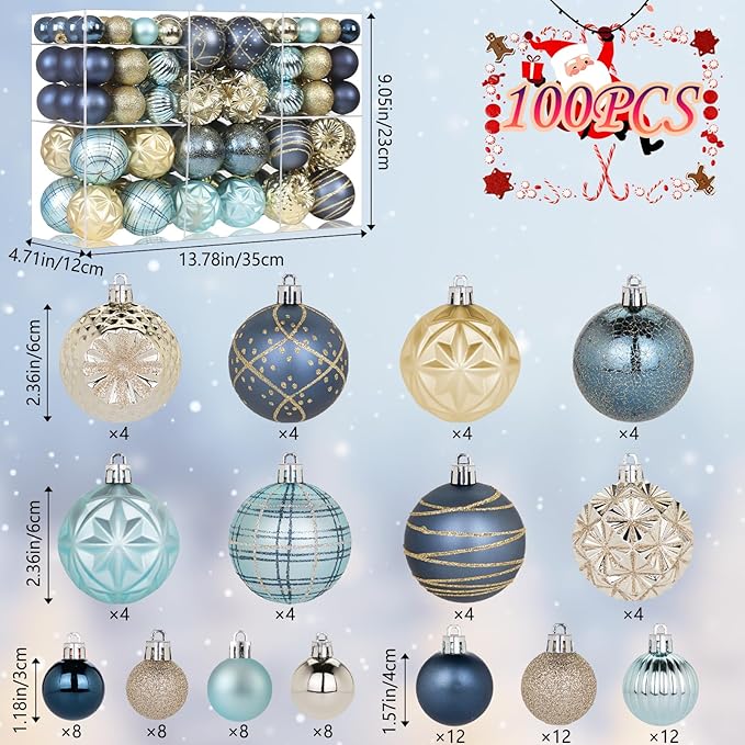 100ct Blue and Gold Christmas Ornaments Set, Shatterproof Xmas Tree Ornaments Decorations Collection, Hanging Plastic Christmas Balls for Holiday Party Wedding (Blue&Gold)