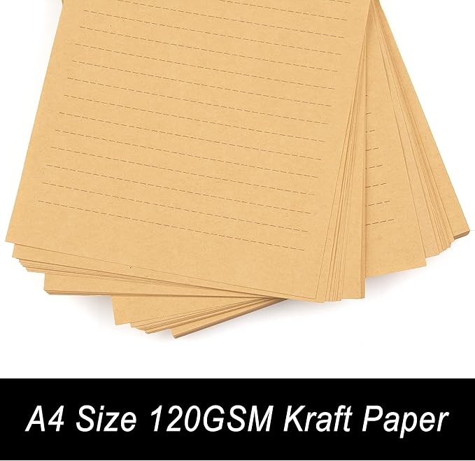 100pcs Vintage Kraft Stationary Paper 8.3 x 11.5 inch, A4 Sheets 120gsm Printable Lined Stationery Writing Letter Papers Bulk Set for Personalized Letters, Creative Poems, Lyrics, Office Notes
