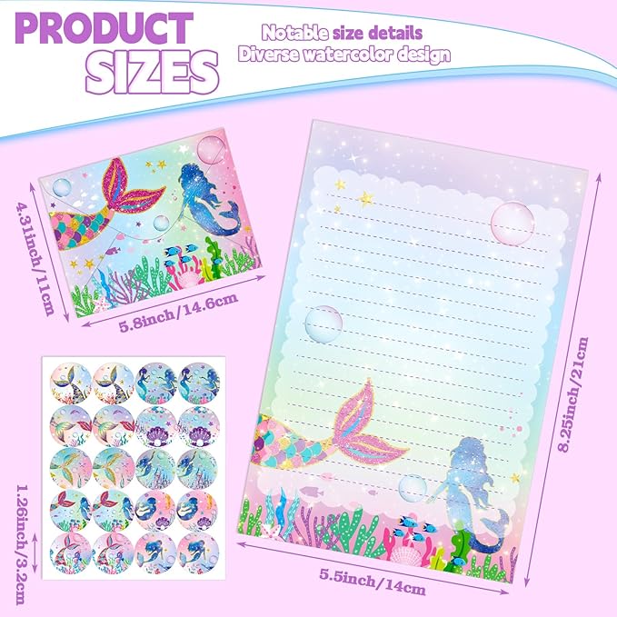 TaoBary 160 Pcs Stationery Paper Set 50 Double Sided Stationery Papers with 50 Matching Envelopes and 60 Round Dot Sticker, 10 Design(Mermaid,5.5 x 8.25 Inch)