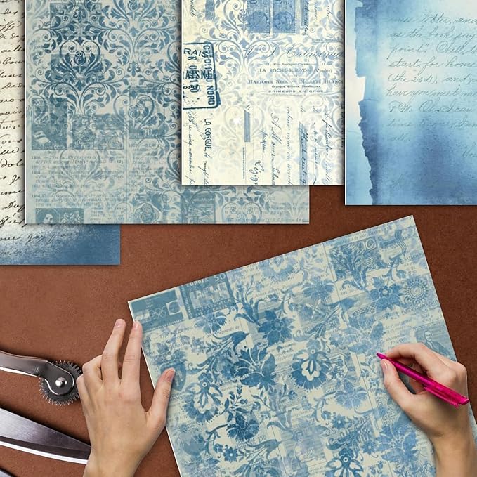 48 Sheets Vintage Blue Floral Scrapbook Paper, Retro Blue Pattern Decorative Scrapbook Paper for Junk Journals DIY Cards and Photo Albums,Aesthetic Craft Supplies for Kids and Adults