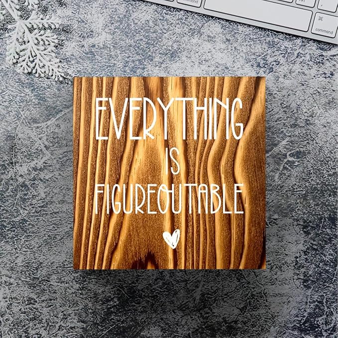 mmiishe Everything Is Figureoutable Wooden Box Sign Decorative Inspirational Farmhouse Wood Box Sign Home Office Decor Motivational Gift Rustic Square Desk Decor Sign for Shelf Burlywood
