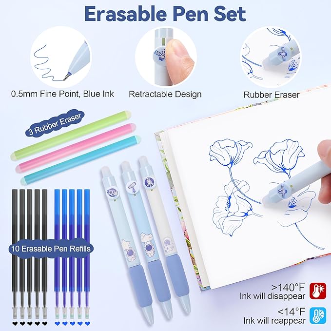 61 PCS Aesthetic School Supplies with Cute Pen Case, Pastel Highlighters, Gel & Erasable Pens, Mechanical Pencils, Refills, Complete Essentials Stationery Kit for Students (Blue)