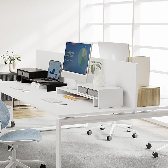 Fenge Computer Monitor Riser Stand with Drawer for 2 or 3 Monitors ,Adjustable Length and Angle Desktop Laptop Stand,Office Organizer,Printer,Black