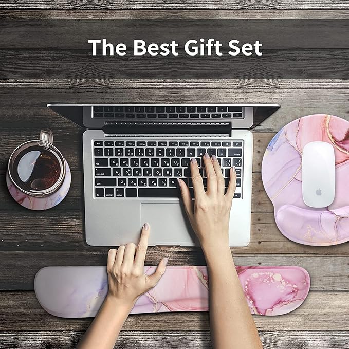 iCasso Desk Mat, Gaming Mouse Pad Wrist Support Set,4in1 XXL Large Mousepad + Keyboard Wrist Rest+Mouse Wrist Rest+Coaster Set with Ergonomic Design for Home Office Table Computer-Glitter Marble