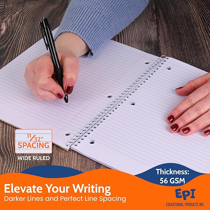 EPI Spiral Notebook | 5 Subject - Wide Ruled - 180 Sheets, Durable Spiral Binding | 10.5 x 8 in | Classroom Supplies | School, Office, Note Taking, Journaling - 6 Pack