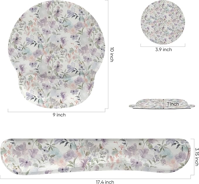 Ergonomic Keyboard Mouse Pad Wrist Rest Support Set for Laptop/Computer/Desktop,Memory Foam Hand Rest Wrist Cushion for Gaming/Office,Lightweight Comfortable & Pain Relief (Purple Flowers)