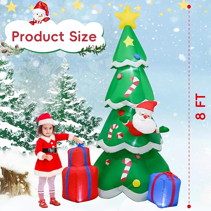 8FT Christmas Inflatables Tree and Santa Decoration Blow up with LED Light Indoor Outdoor Yard Graden Party Holiday Lawn Decor