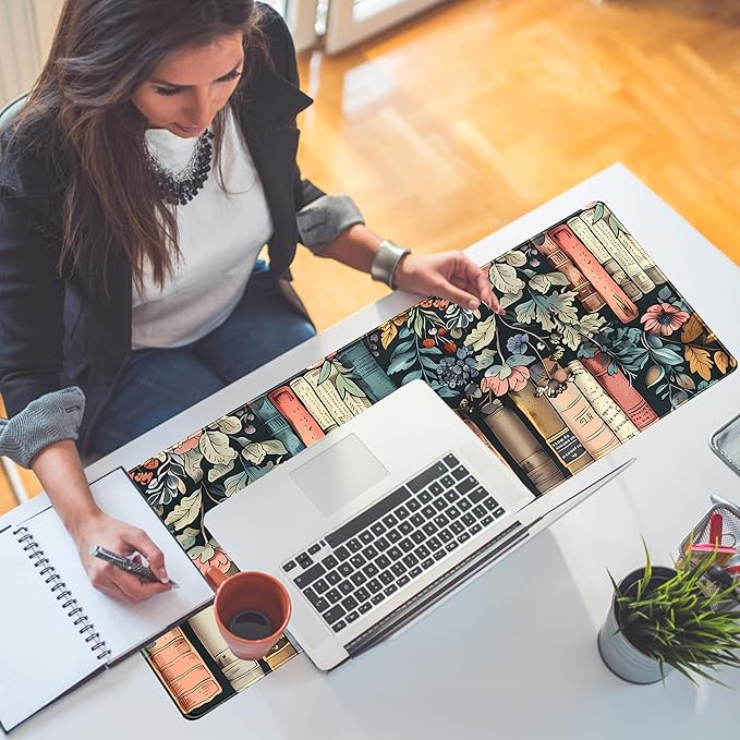 Flowers Desk Pads Gaming Desk Mat Large Keyboard Mouse Pad XL, Book Elements Computer Desktop Mats, Extended Full Laptop Mouse Mat, Office & Home Decor for Women Desk Aesthetic 31.5" x 11.8"