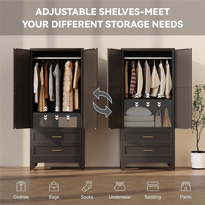 Metal Wardrobe Cabinet with Hanging Rod,71" Armoire Wardrobe Closet with Adjustable Shelves,Farmhouse Metal Clothing Storage Cabinets for Bedroom,Office,Employee,Laundry Room(Black)