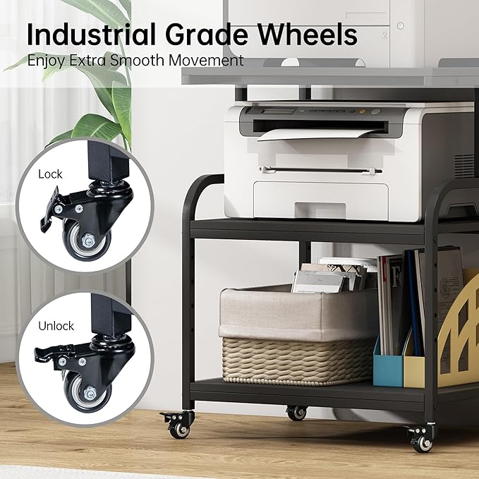 Printer Stand, 23.6 x18.9 x 30 Inches Large Printer Table with Adjustable Storage Shelf, 3 Tier Rolling Printer Cart with Wheels for Home Office, Stand for Heat Press Mini Fridge, Black