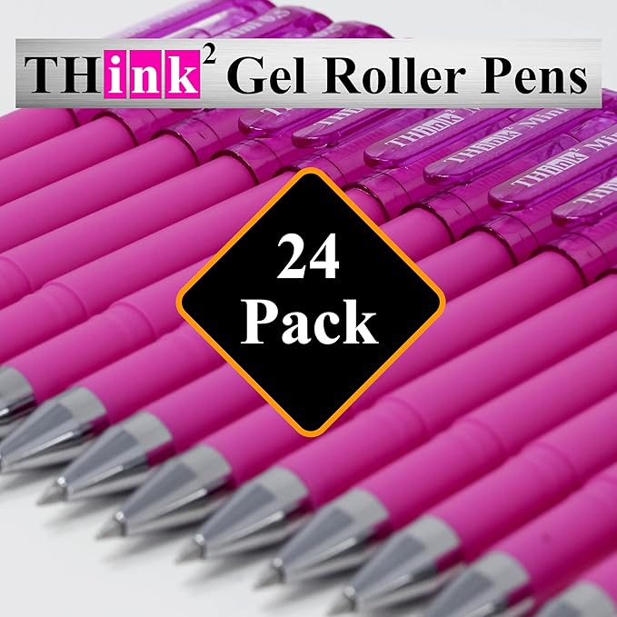 THINK2MASTER [24 Pens - Pink Ink Think2 0.5mm Pocketable Mini Gel Pens. (24 Pink) Fine Point Small Rollerball Pens with Smooth Quick Drying Ink.