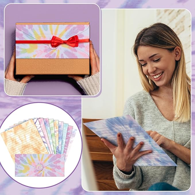 TaoBary 160 Pcs Stationery Paper Set 50 Double Sided Stationery Papers with 50 Matching Envelopes and 60 Round Dot Sticker, 10 Design(Tie Dye,8.5 x 11 Inch)
