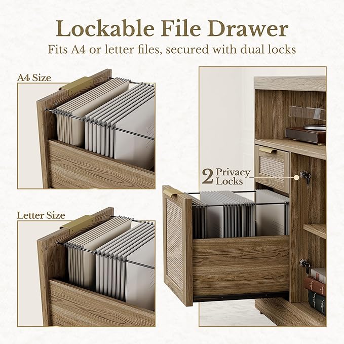 4 Drawer File Cabinet, Fluted Wood Lateral Filing Cabinet with Lock and Charging Station for Home Office, Printer Stand with Open Storage Shelves, Fits A4, Letter Size, Natural Oak