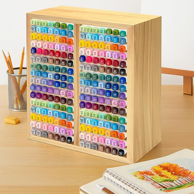 PROLEE Marker Storage Organizer for 224 Markers,Wooden Alcohol Marker Holder with 32 Slots,Markers Pens Pencils Art Supply Storage Rack for Desk Home Classroom Office Decor (Natural, 15“x11”x5.2 “)
