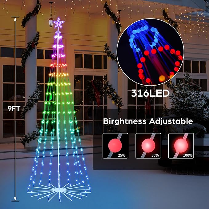 9FT Smart Christmas Tree Lights with Ball Ornaments, App & Remote Control, 316 RGB Color Changing LED Cone Tree Lights, Music Sync, Custom Light Show, Waterproof Decoration for Xmas, New Year, Parties