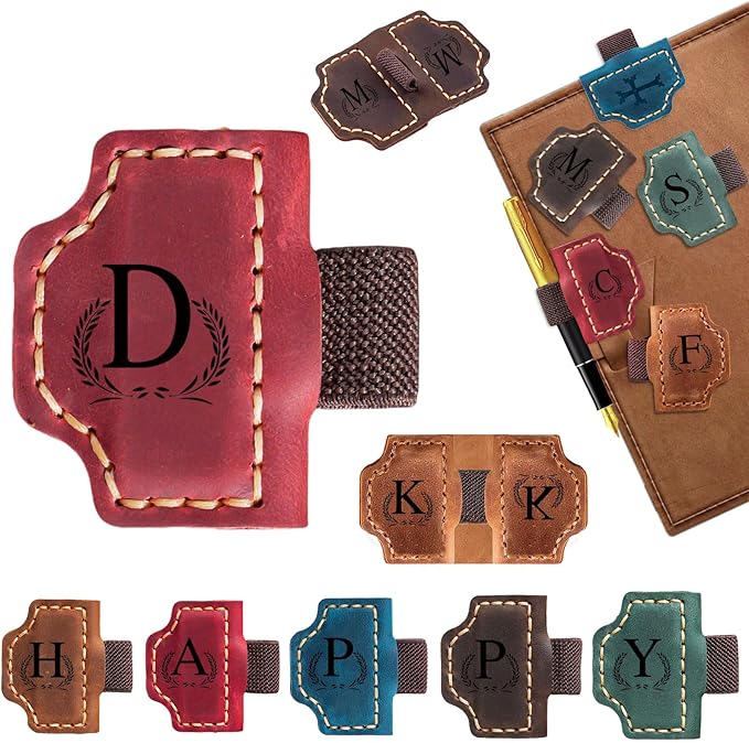 Custom Bygone Mark Bookmark with Pen Holder, 26 Letters Name Initial Personalized Magnetic Leather Bookmark, Gifts for Book Lovers, Readers, Travelers, Leather Book Marks (Wine Red, D)