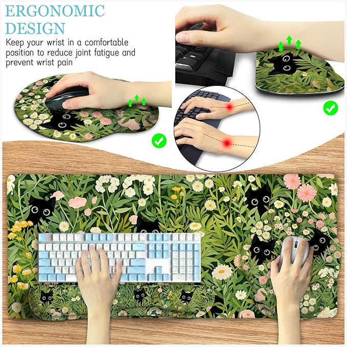 Cat Ergonomic Mouse Pad with Wrist Rest Desk Mat Set, Green Gaming Mouse Pad Wrist Support, Keyboard Mat Wrist Rest Cup Coaster Funny Office Decor
