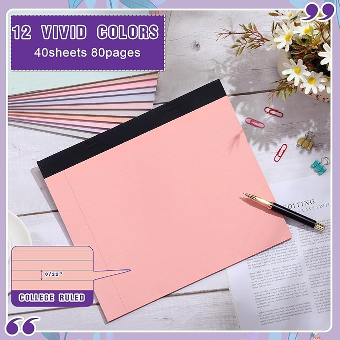 Lincia 12 Pcs 11" x 9.5" Legal Pads College Ruled Notepad Landscape Notebook Horizontal Lined Notebook 80 Gsm Assorted Colors Paper Pastel Writing Pads for School Office, 40 Sheet (Cute Color)
