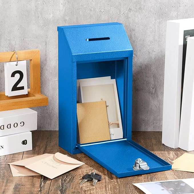 Metal Donation Cash Box Collection Safe Suggestion Box with Lock Wall Mounted Mailbox Delivery Ballot Container for Home Office Outdoor Door(Blue)