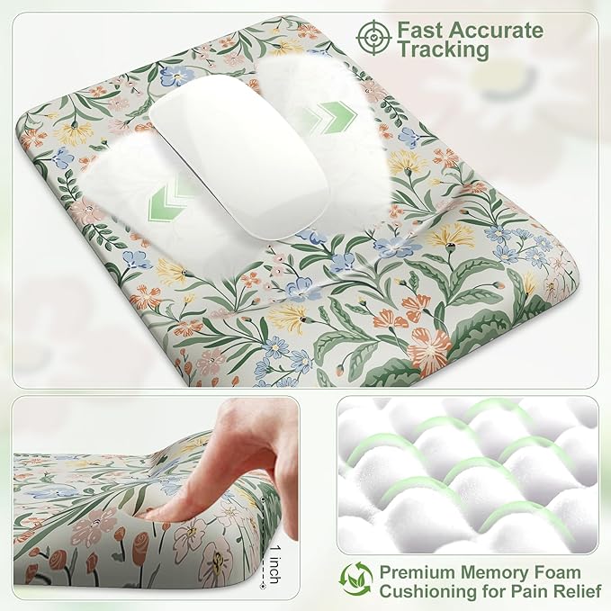 iCasso Mouse Pad with Wrist Rest,Large Desk Mat Set,Ergonomic Keyboard Pad with Wrist Support,Non-Slip Mouse Mat for Women,Cute Floral Computer Mat for Home Office Gaming (Green Floral)