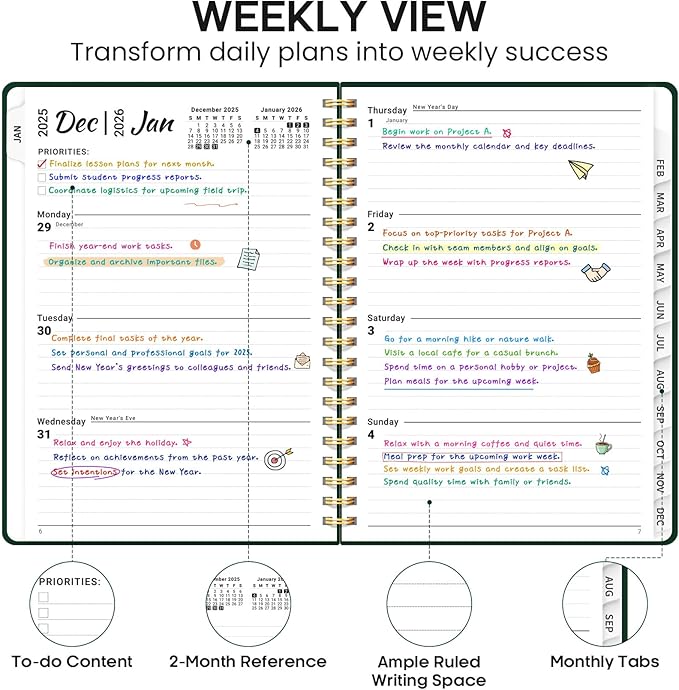 2026 Planner, Weekly and Monthly Calendar Planner Book, January 2026 - December 2026, Hardcover Spiral Planner with Monthly Tabs, Notes Pages, Perfect for Women & Men, A5 (6.4" x 8.5") - Dark Green