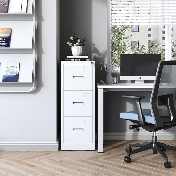 3 Drawer File Cabinets with Lock, White Vertical Filing Cabinet for Home Office, Heavy Duty Metal Storage Cabinets Office Steel Cabinet for Letter Legal Size Files, Assembly Required