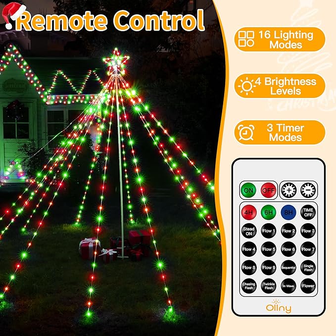 Ollny Christmas Lights Tree Red&Green 340LED with Topper Star, IP67 Waterproof Remote Control Waterfall Lights with Pole, 16 Lighting Modes Timer Dimmable Light Decorations Outdoor Yard Garden Lawn