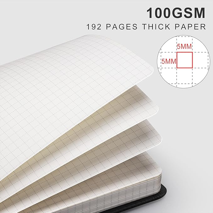 EMSHOI Graph Paper Notebook, A4 Large 8.3" x 11.7" Hardcover Leather Journal for Women Men, 192 Pages 100 GSM Grid Paper Journals for Writing, Graph Notebook for Work, Graphing, Engineering, Black