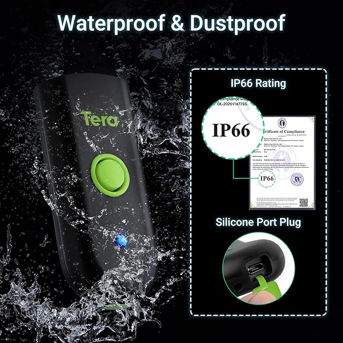 Tera Mini 1D Barcode Scanner: Pocket Waterproof Wireless Laser Scanner 3 in 1 Compatible with Bluetooth USB Wired Portable Bar Code Reader for Store Logistics Work with iOS Windows Android 1100L Green